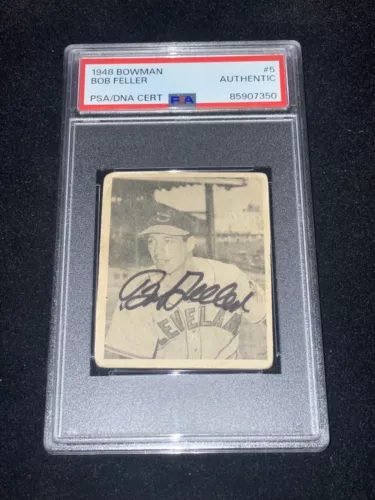 Bob Feller Signed 1948 Bowman Rookie Card PSA Slabbed Cleveland Indians Baseball