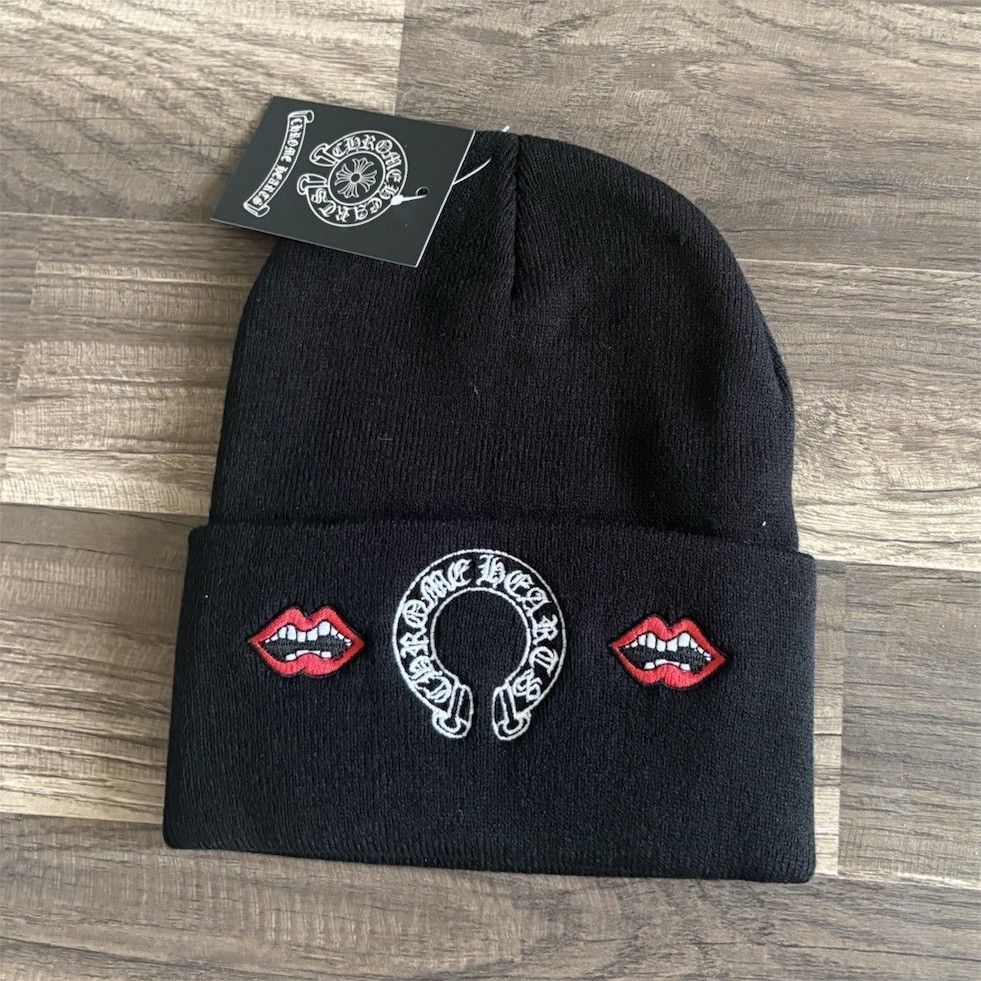 Chrome Hearts Black Beanie Embroidered Lips & Horseshoe Logo