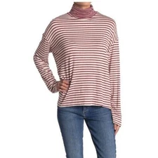 PST By Project Social T Stripe Turtleneck Top Burgundy Oatmeal Medium MSRP $48