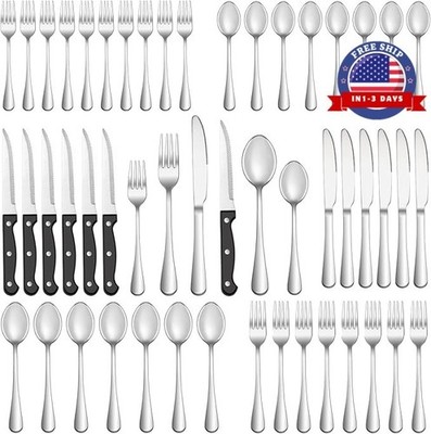 Juego de cubiertos negro mate de 48 piezas con cuchillos para carne, juego de cu