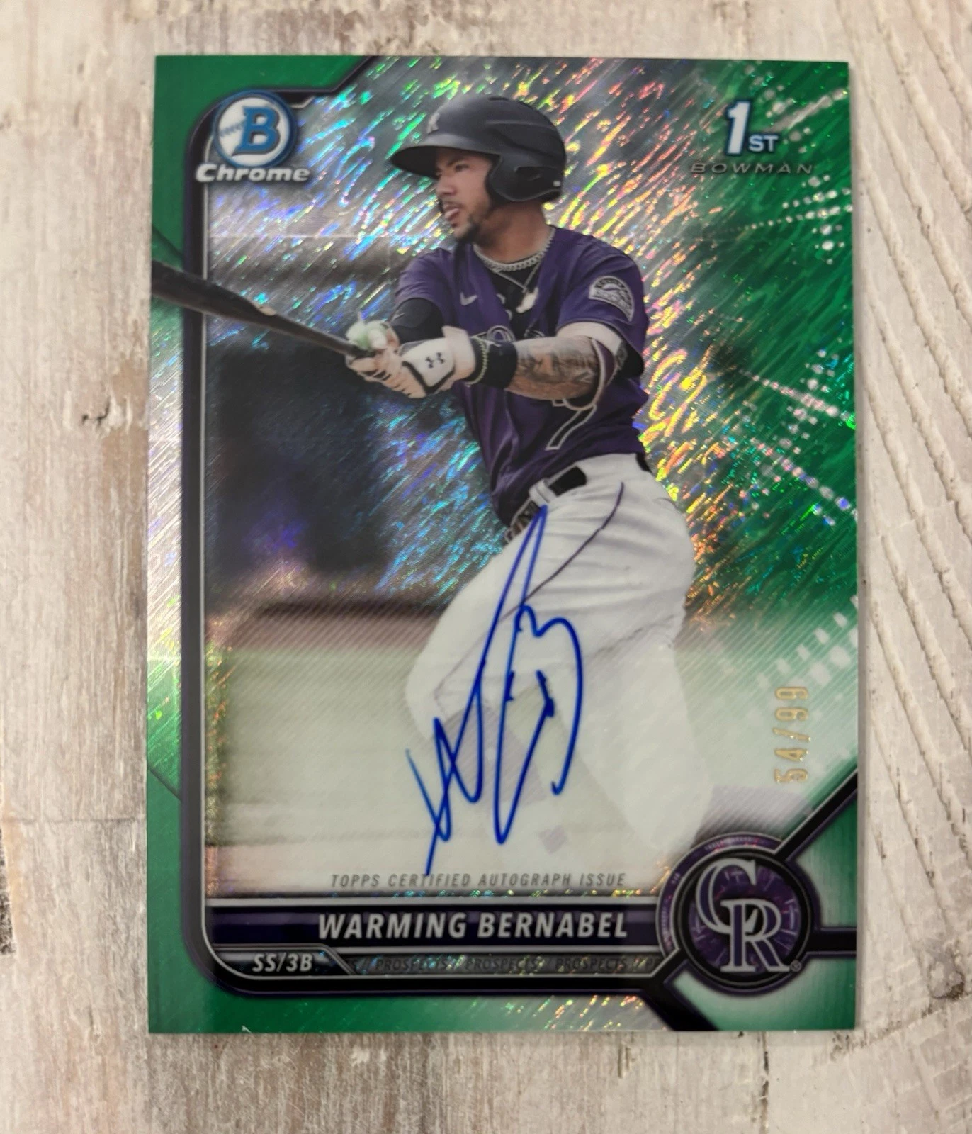 2022 Bowman Chrome Warming Bernabel 1st Green Shimmer Auto #/99 Rockies