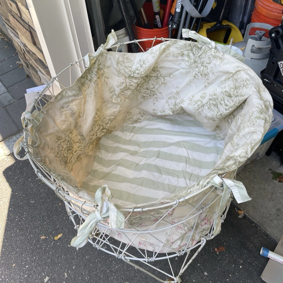 Vintage Metal Wire Laundry Basket With Wheels 23 Inches Collapsible cottage Core - Image 3 of 4
