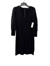New Karen Kane Women's Size L V-Neck Sheath Black Dress w/Lace Sleeve