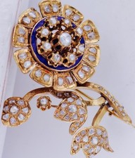 Antique Ottoman Flower Enamel Brooch 8k Gold 3ct Rose Cut Diamond  c1860's