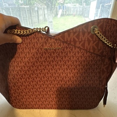 Michael Kors Burgundy Logo Large Shoulder Bag Zip-Around Gold Chain Charm