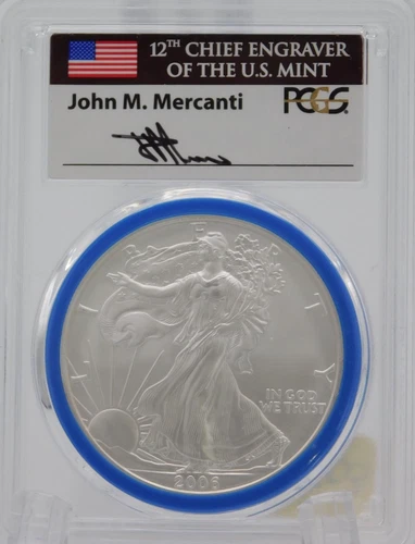 2006-W BURNISHED Silver Eayle PCGS SP70 Mercanti Signed Blue Ring (BT1303)