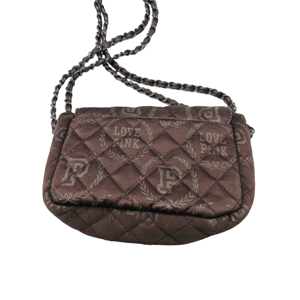 Bolso Bandolera Victoria Secret LOVE PINK Marrón Acolchado Cadena Ajustable Y2K Foto 4 de 4