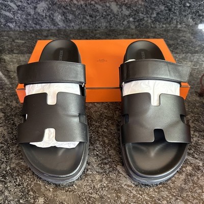 Hermès Chypre Men's Black Leather Slide Sandals EU44/Men s Size 11