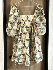 STORIA Beige Green Floral Mesh Sequin Mini Dress Square Neck Puff Sleeve Zip S