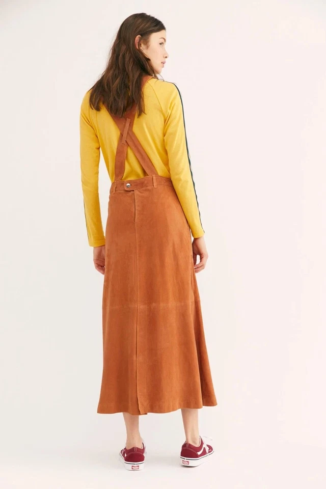 Vestido tipo jersey midi de gamuza de cuero boho Free People para mujer línea A de cuero de cabra talla 4 Foto 2 de 4