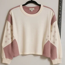 POL Over The Moon Cream and Mauve Knit Top Size Large NWT