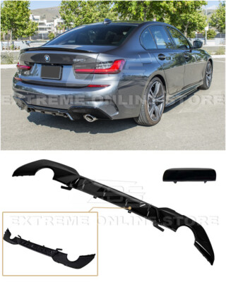 For 19-Up BMW G20 330e 330i M-Sport | GLOSS BLACK Rear Bumper Round Tip Diffuser