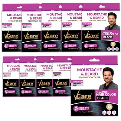 VCare Moustache and Beard Color Shampoo for Men Black, 5 ml (10er Pack)