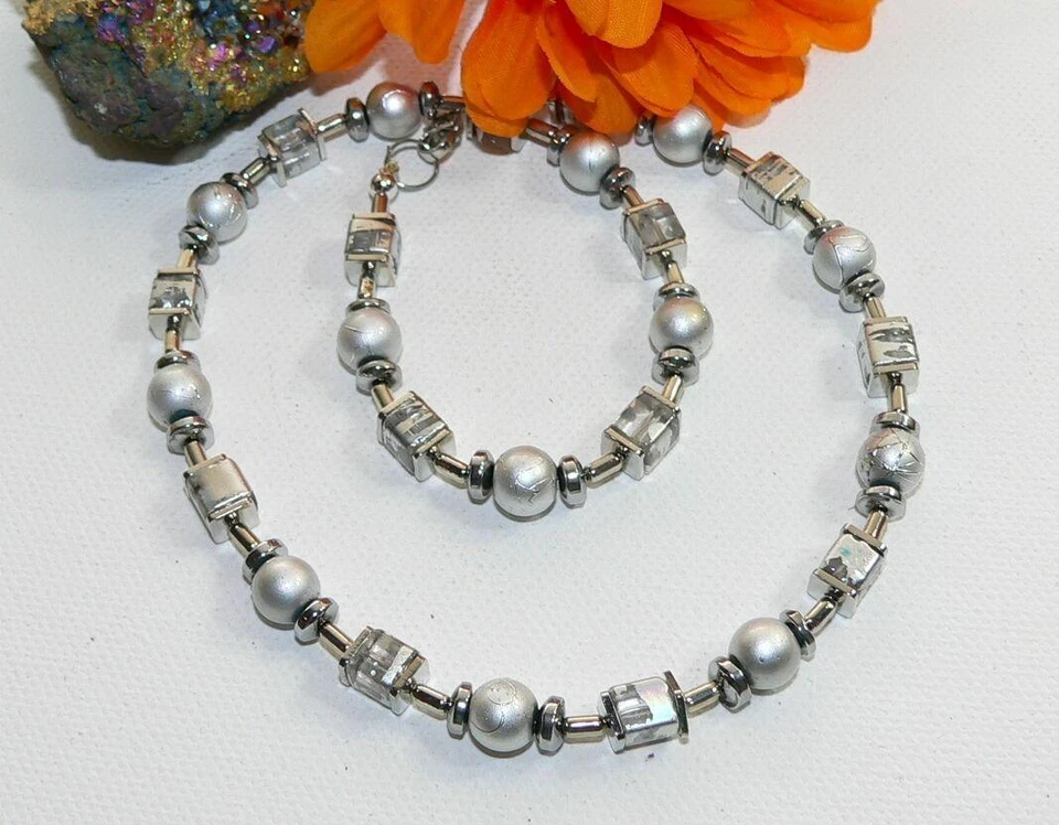 Halskette Würfelkette Cube Würfel Hämatit Perlen Glas silber Modeschmuck  494c - Bild 3 von 4