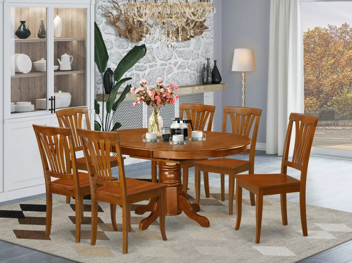 7pc Avon oval dinette kitchen dining table w 6 wood seat chair in saddle brown