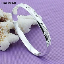 925 Sterling Solid Silver Rose Flower Cuff Bangle Bracelet Women Jewelry Gift