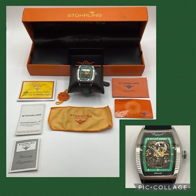 Stuhrling Cal ST-90089 Stainless Green Skeleton Rectangle Watch Automatic 5 ATM