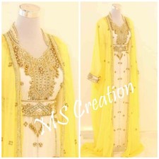 Sale Yellow & White Moroccan Dubai Elegant Kaftan Perfect for Any Occasion Dress