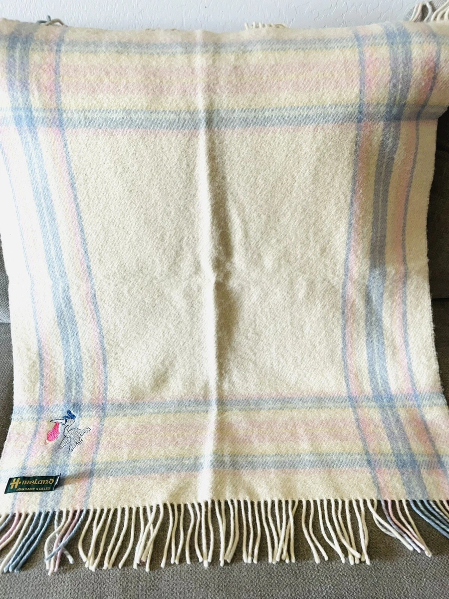 Vintage John Hanly Ireland Pastel Wool Plaid Baby Fringed Blanket
