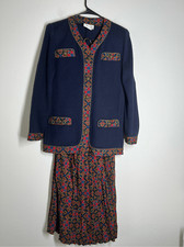 Vintage Jeffrey and Dara Set navy blue knit jacket with embroidery Skirt midi pl