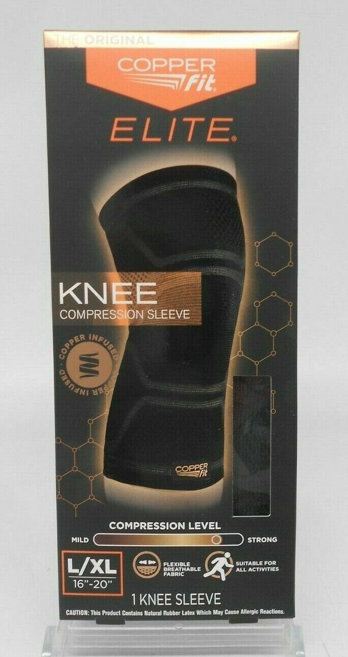 Copper Fit Elite Knee Compression Sleeve Size L/XL-16"-20", Wicking, Black