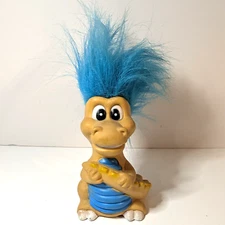 Vintage Trendmaster Troll Doll T-Rex Dinosaur, 1980s Collectible with Blue Hair
