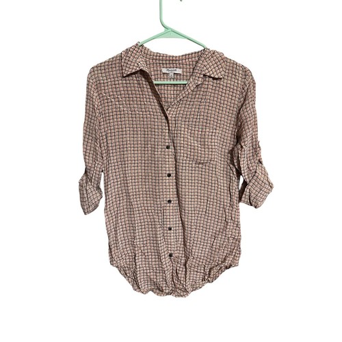Madewell Roll Tab Sleeve Button Down 100% Silk Shirt Tan Red Geometric Size XS