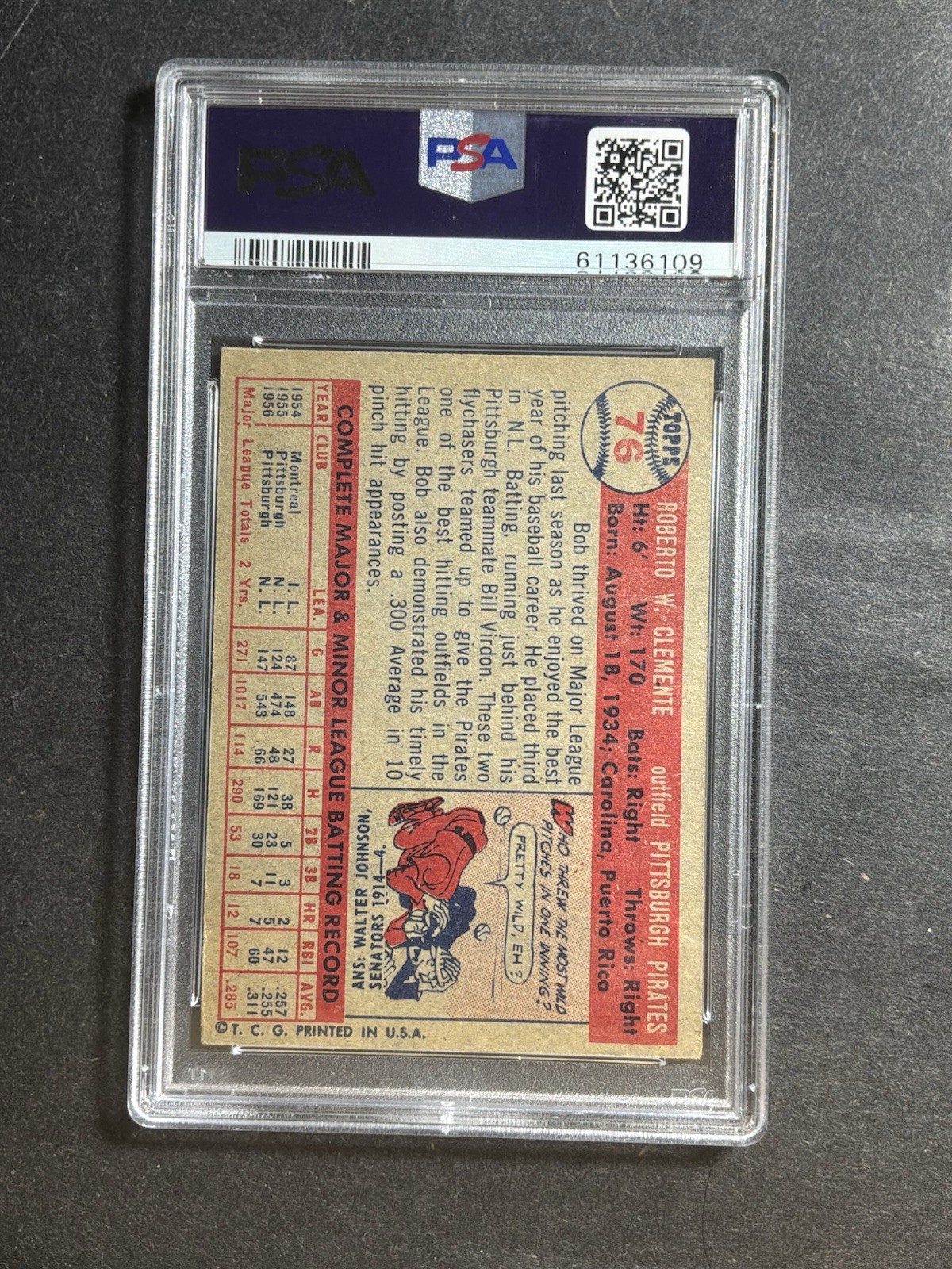 1957 Topps Bob Clemente 76 PSA 4 Well Centered E5 view 2