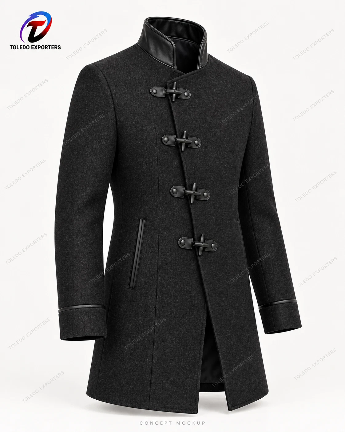 Men’s Black Gothic High-Collar Coat with Toggle Fastenings and Asymmetric Front image 3