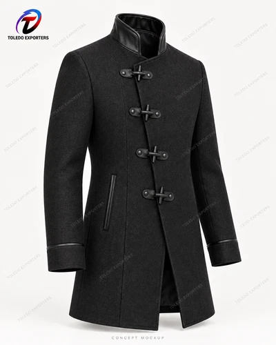 Men’s Black Gothic High-Collar Coat with Toggle Fastenings and Asymmetric Front image 3