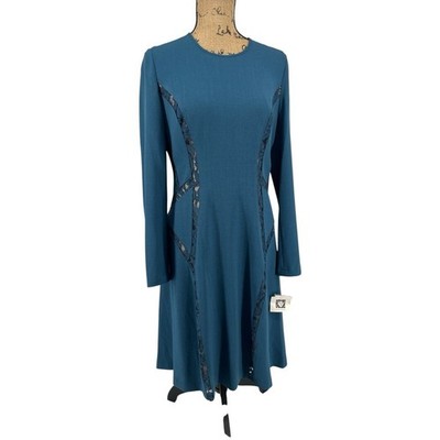 ANNE KLEIN A Line Juniper Green Long Sleeve Dress Sz 10 Mature Wedding Guest