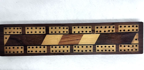 Vintage Wood Inlaid Cribbage Board Compact Size 9in x 2in with Pegs - Cleaned