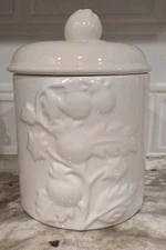 Vintage Over and Back White Ceramic Medium Canister Embossed Tomatoes 8"x5¾" 