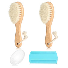 Baby Hair Brush and Comb Set, 2Pcs Wooden Natural Goat Bristles Brush Blue Comb