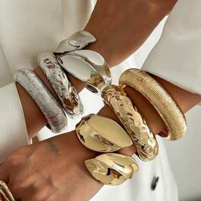 Chunky Wide Cuff Bangle Bracelet for Women Men Punk Heavy Metal Spring Arm Band