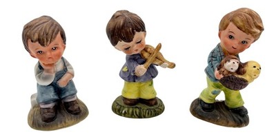 Vintage HandPainted Ceramic Boy Figurines Playing Violin  Carry Basket & Sitting