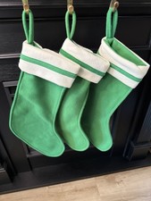Set of 3 GREEN Felt Flannel Christmas Stocking white cuff with Stripe 17 In
