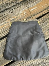 Black Satin Fabric Clutch Purse Evening Bag Gold Jeweled Frame Chain Vtg 50s 60s