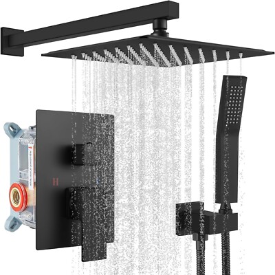 Dual Rainfall Bathroom Shower System & Handheld Rain Head Combo w Controls Black