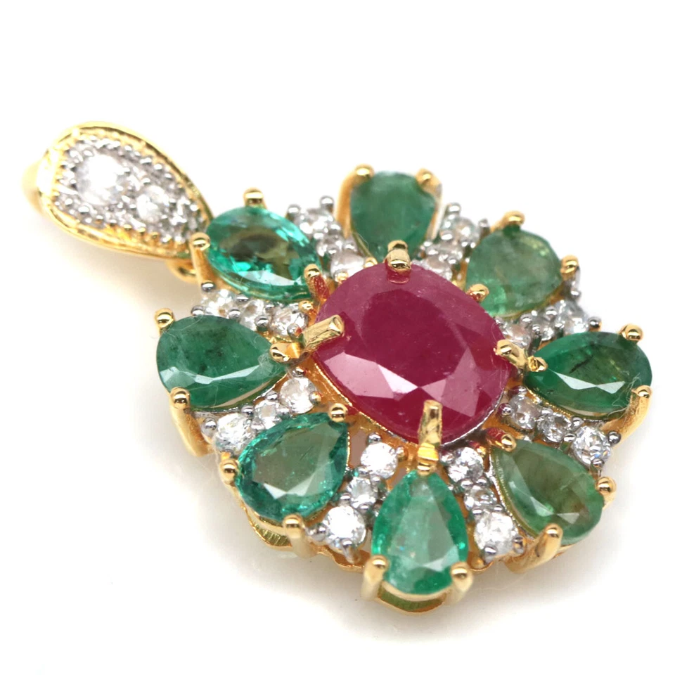 925 Sterlingsilber 7 x 10 Mm. Pink Rubin,Smaragd & Zirkonia Statement Anhänger - Bild 2 von 4