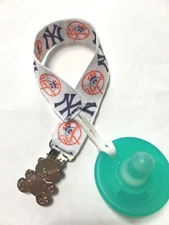 HANDMADE Pacifier Holder, Decorated w/ NEW YORK YANKEES Ribbon clip strap, binky