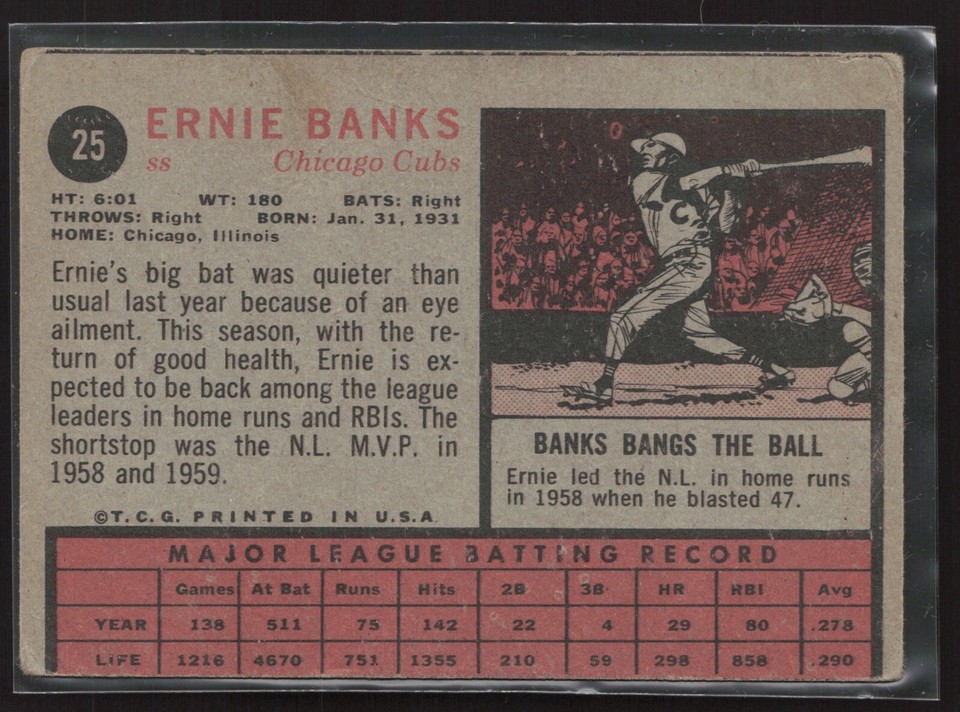 1962 TOPPS 25 ERNIE BANKS CHICAGO CUBS VINTAGE BASEBALL CARD eBay