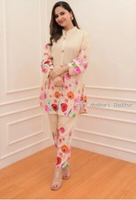 Women Indian Co-ord set; Beige Floral Printed Short Kurta with Trouser.