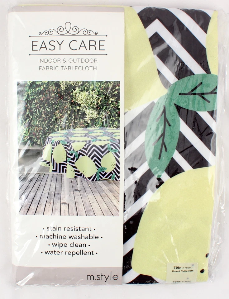 70 Inch Round Tablecloth with Lemon and Chevron Design Fabric Easy Care New - Image 2 of 4