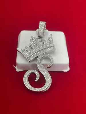 2.50 Ct Round Real Moissanite Custom Crown Letter Pendant 14K White Gold Plated