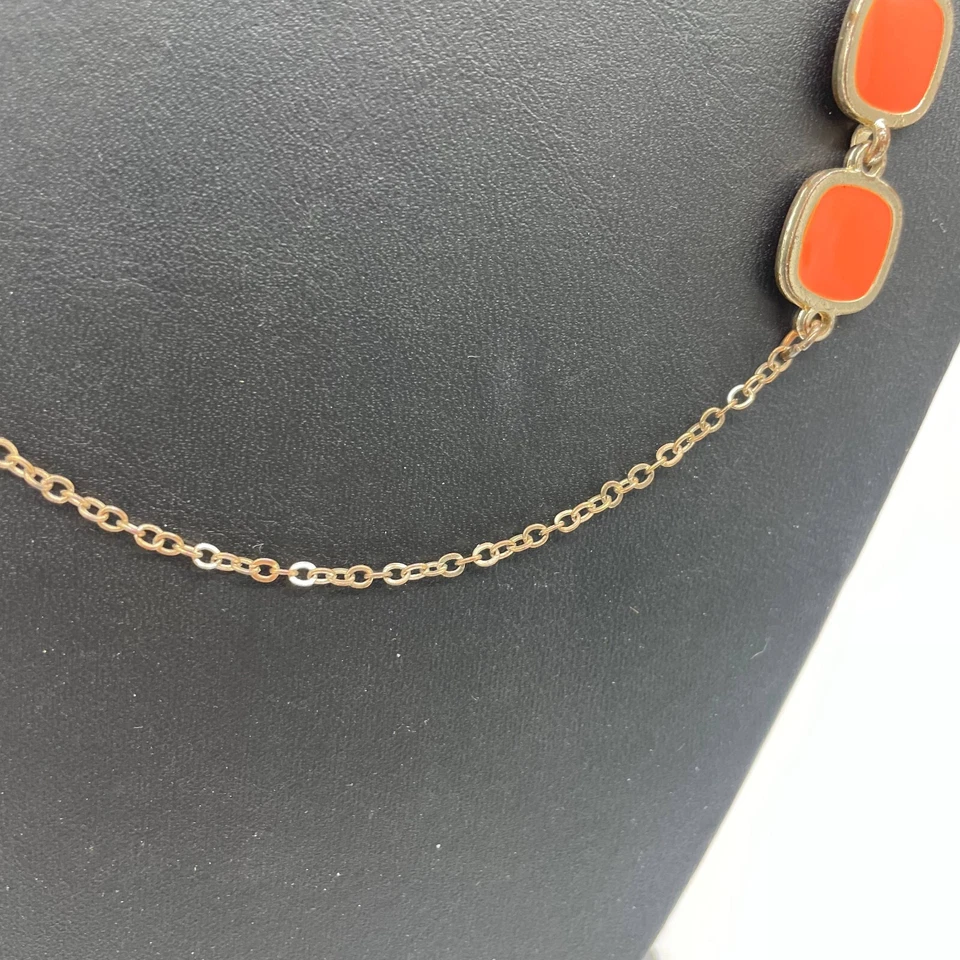 Ann Taylor Orange Enamel Station Chain Long Necklace Gold Tone Lobster Closure - Image 3 of 4