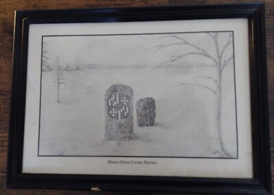 Vtg Orig 12x17'' Pencil Drawing ''Mason Dixon Corner Marker'' - 1768- Wicomico, MD 