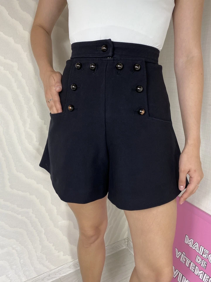 Mini Pantalones Cortos Isabel Marant Etoile Lana Azul Marino Botón Acento Talla 36 Foto 2 de 4