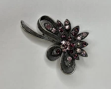 VTG Estate Silver Purple Rhinestone Floral Brooch Pin Statement Art To Wear
