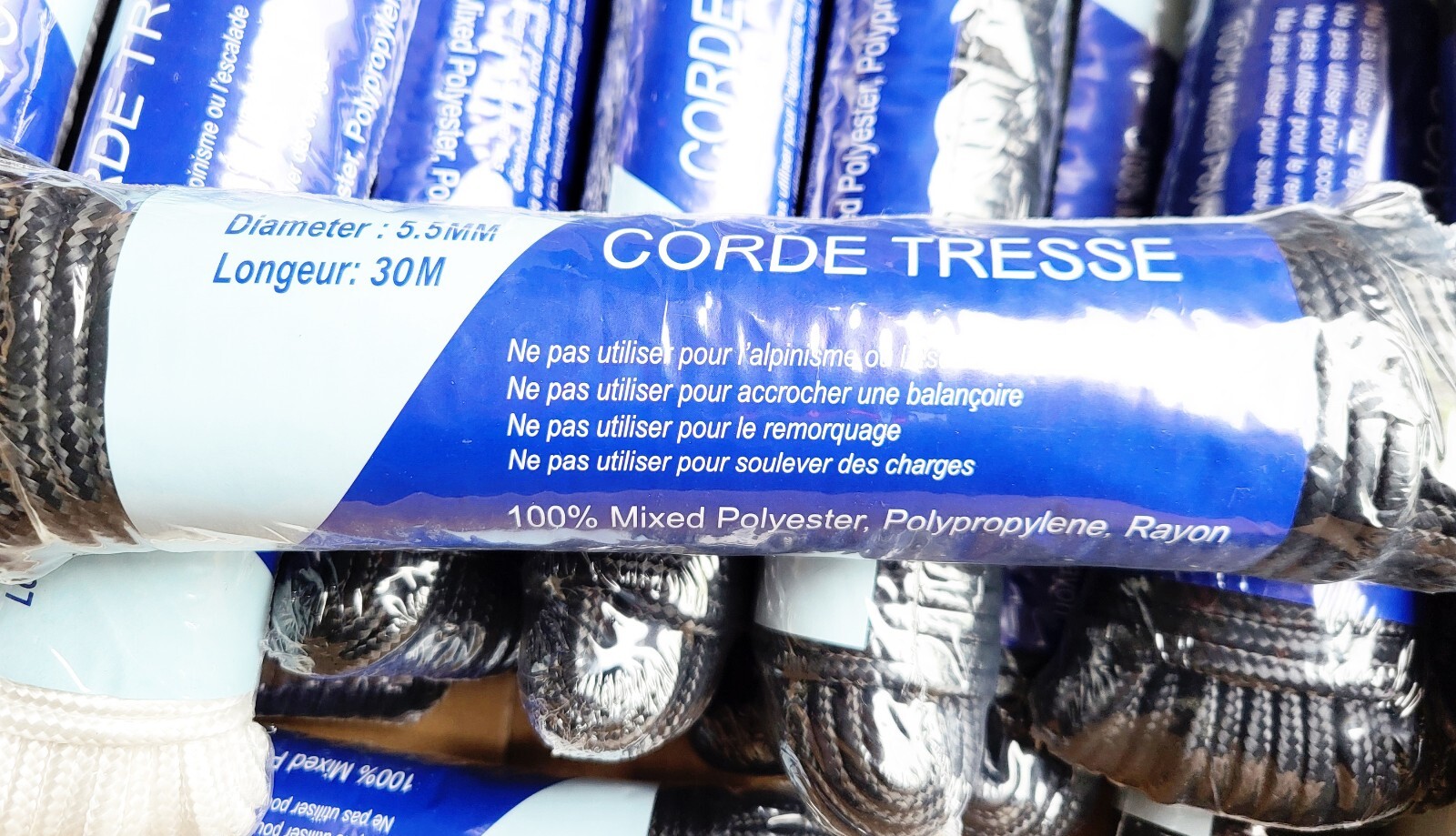 Corde tressée 30m Ø 5,5mm lot de 20 cordons noir et blanc pour suspendre suspendre